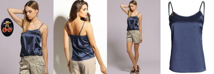 Blusa em Cetim com Al�as Azul Marinho