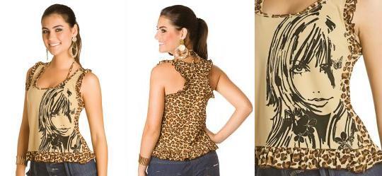 Blusa Bege com Babadinhos e Estampa Blusa Bege com Babadinhos e Estampa