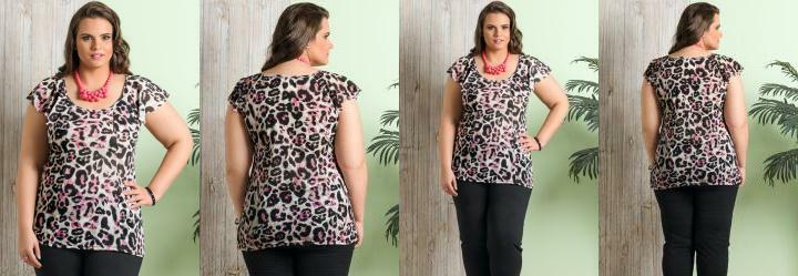 Blusa Babado na Manga Animal Print Plus Size Blusa Babado na Manga Animal Print Plus Size