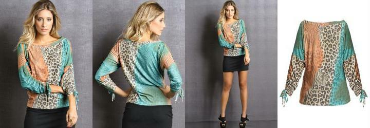 Blusa Estampada Manga 7/8 e Decote Canoa