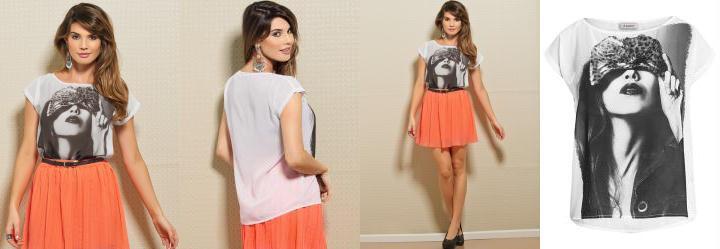 Blusa Chiffon Branca Estampa Frontal de Rosto
