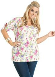 blusa estampada com detalhe de amarrar na manga