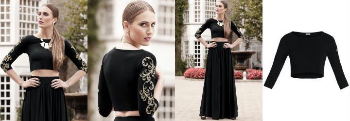 Blusa Cropped com Bordado nas Mangas Preta