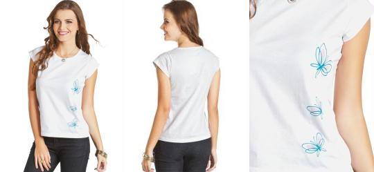 Baby Look Branca com Estampa de Borboletas