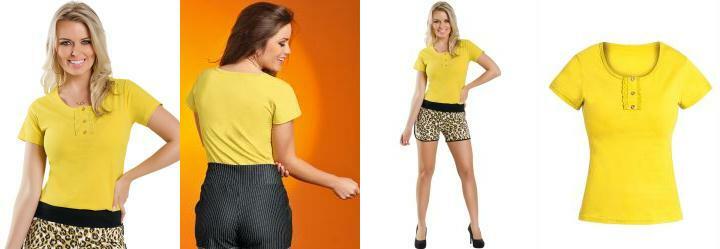 Camiseta Baby Look com Renda no Decote Amarela