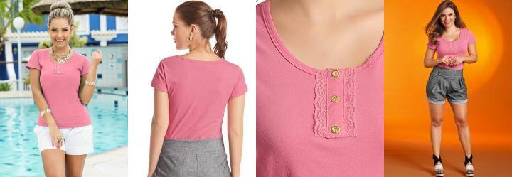 Camiseta Baby Look com Renda no Decote Rosa