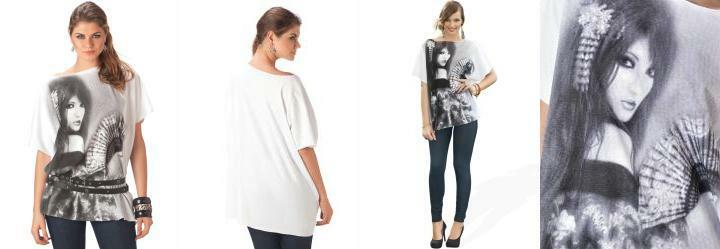 Camiset�o Branco com Estampa de Gueixa Frontal