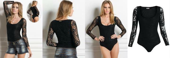 Body em Renda Manga Longa Preto