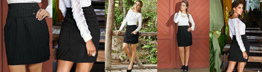 Saia Risca de Giz com Bot�es e Bolsos Frontais