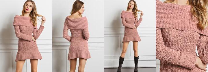 Vestido em Lã Acrílica com Gola Rosa Antigo Vestido em Lã Acrílica com Gola Rosa Antigo