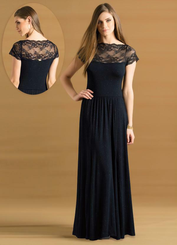 Vestido Longo Renda No Decote Preto Tem Um Acabamento Atual E Ã©