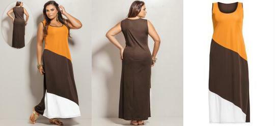 Vestido Longo Plus Size Marrom, Branco e Laranja Vestido Longo Plus Size Marrom, Branco e Laranja