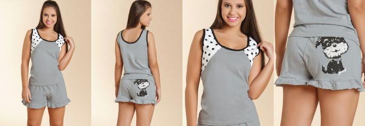 Pijama com Babados e Estampa de Cachorro Cinza Pijama com Babados e Estampa de Cachorro Cinza